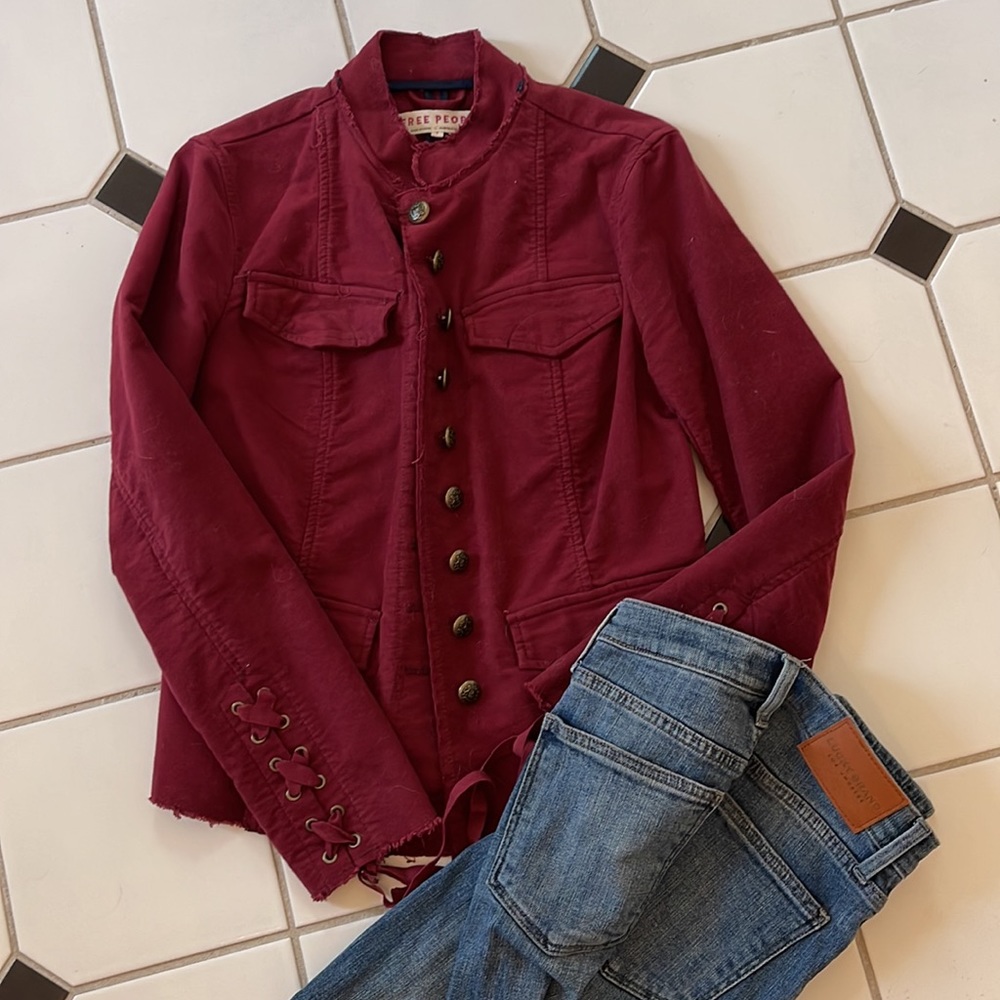 New Free People burgundy wine colored jacket.  Hot 🔥 color for Fall!